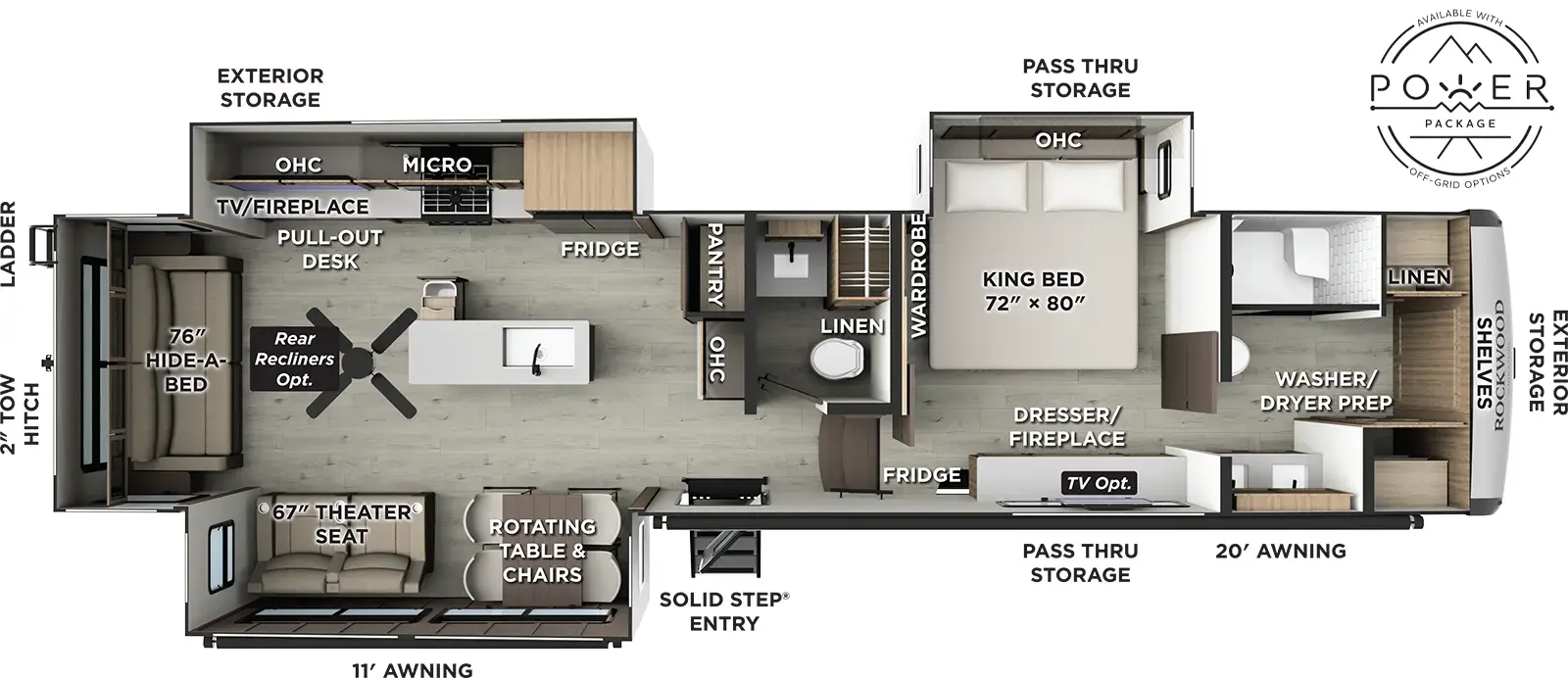 The Rockwood Signature Fifth Wheels 401SFB floorplan has one entry and three slide outs. Exterior features include: fiberglass exterior and 11' & 20' awning. Interiors features include: kitchen island and rear living.